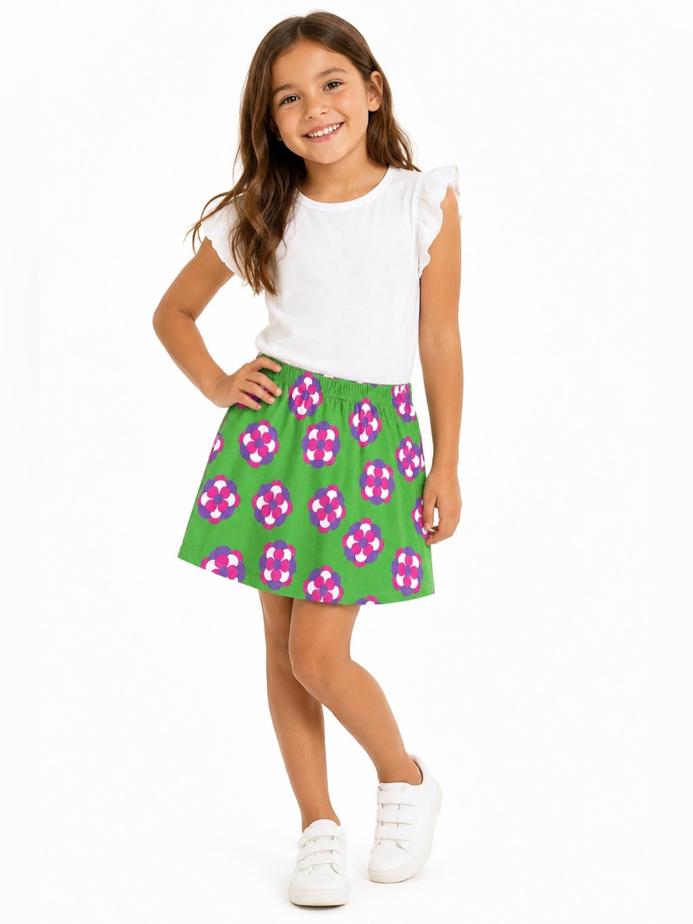 Hanna Andersson Retro Floral Skirt Size 110 Green Pink Mod Elastic Waist